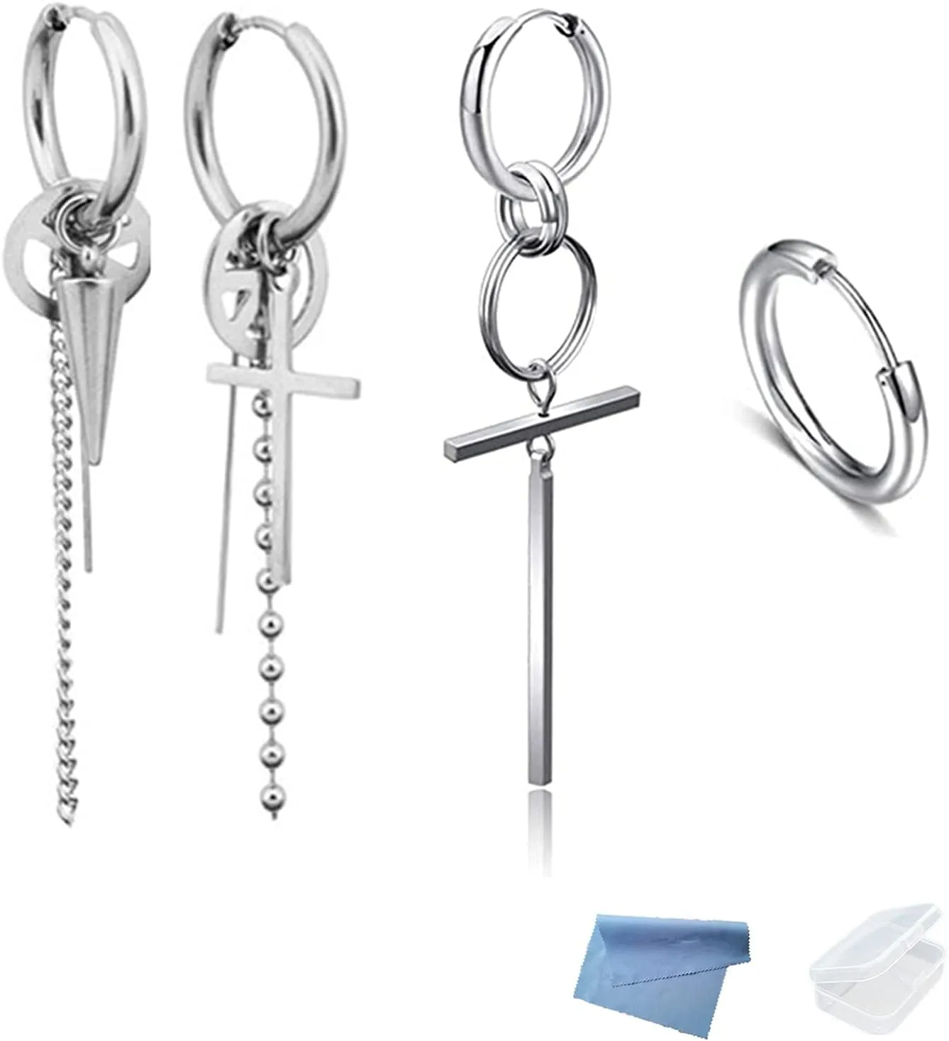 Peace Cross Earrings and Asymmetric Long Cross Hoop Earrings Punk Jewelry Gifts for Women with Mini Cloth and Mini Box