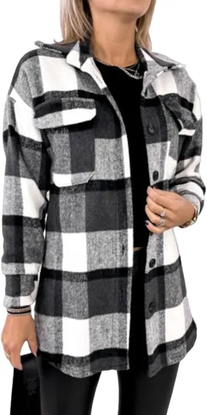 Plaid Shacket Jacket for Women Lapel Woolen Coats Comfy Button Up Long Sleeve Shirts Tartan Trench Coat with Pocket