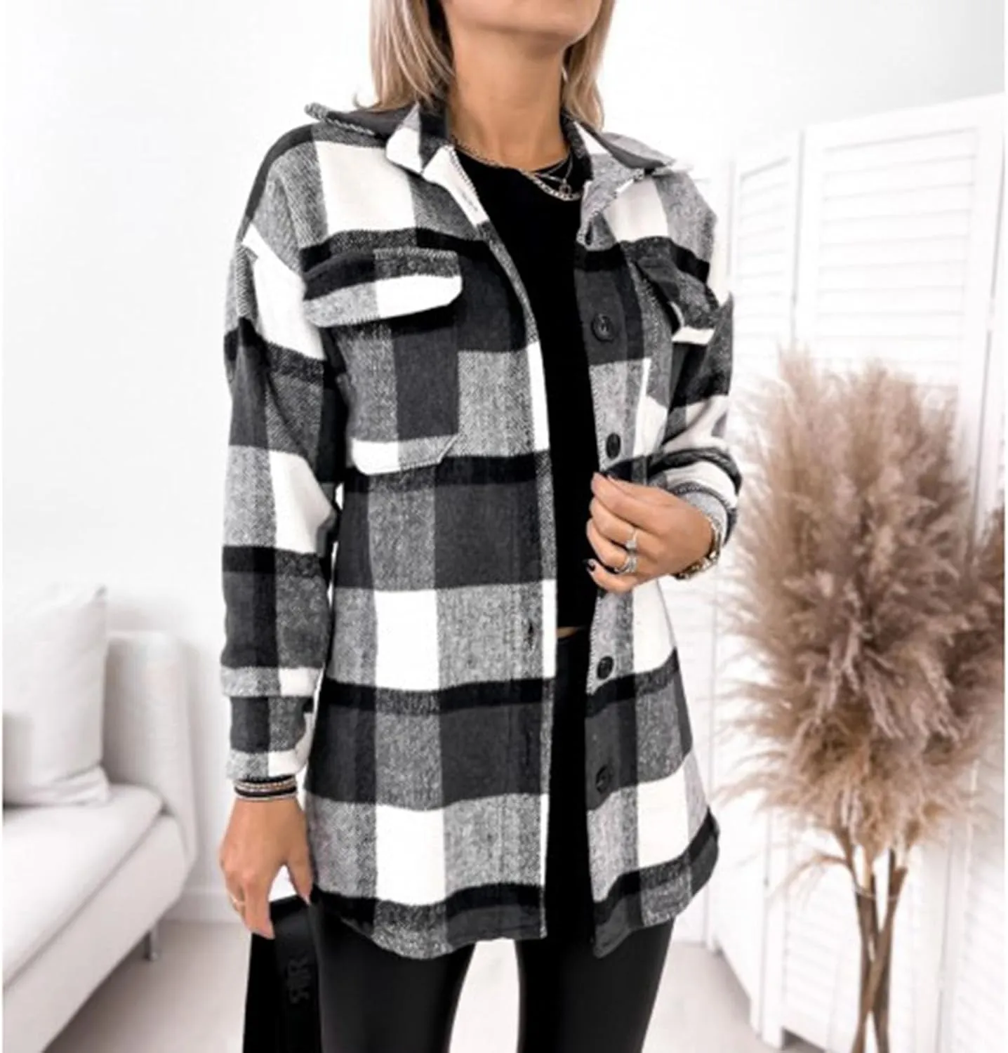 Plaid Shacket Jacket for Women Lapel Woolen Coats Comfy Button Up Long Sleeve Shirts Tartan Trench Coat with Pocket