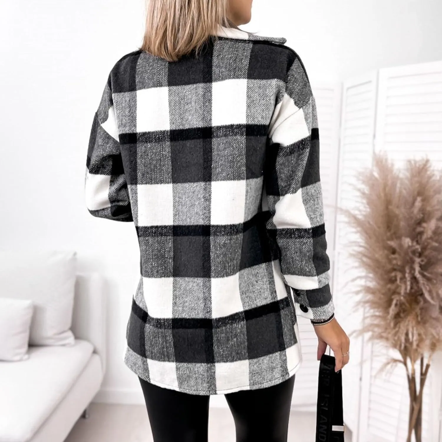 Plaid Shacket Jacket for Women Lapel Woolen Coats Comfy Button Up Long Sleeve Shirts Tartan Trench Coat with Pocket