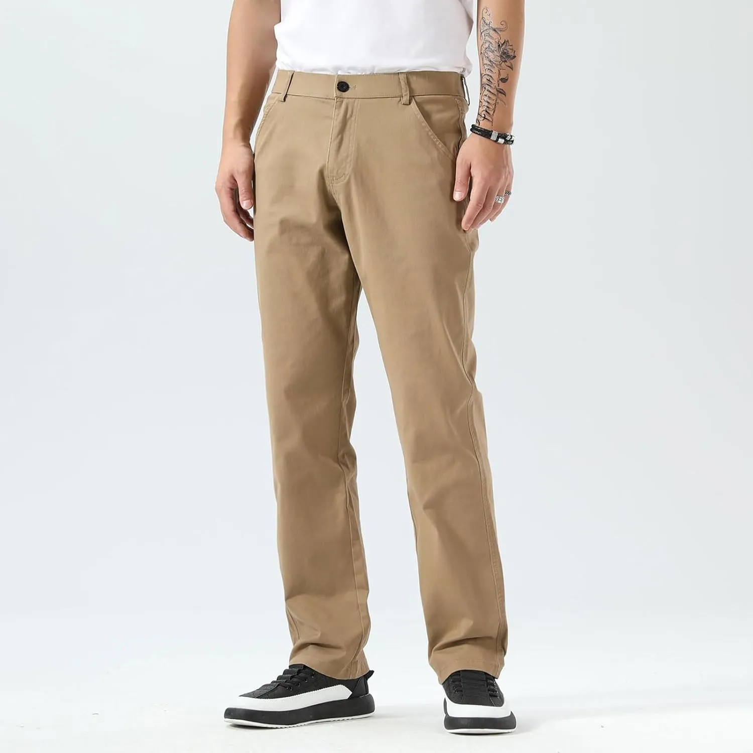 Plaid&Plain Men's Khaki Pants Stretchy Straight Fit with Side Pocket and Elastic Waistband
