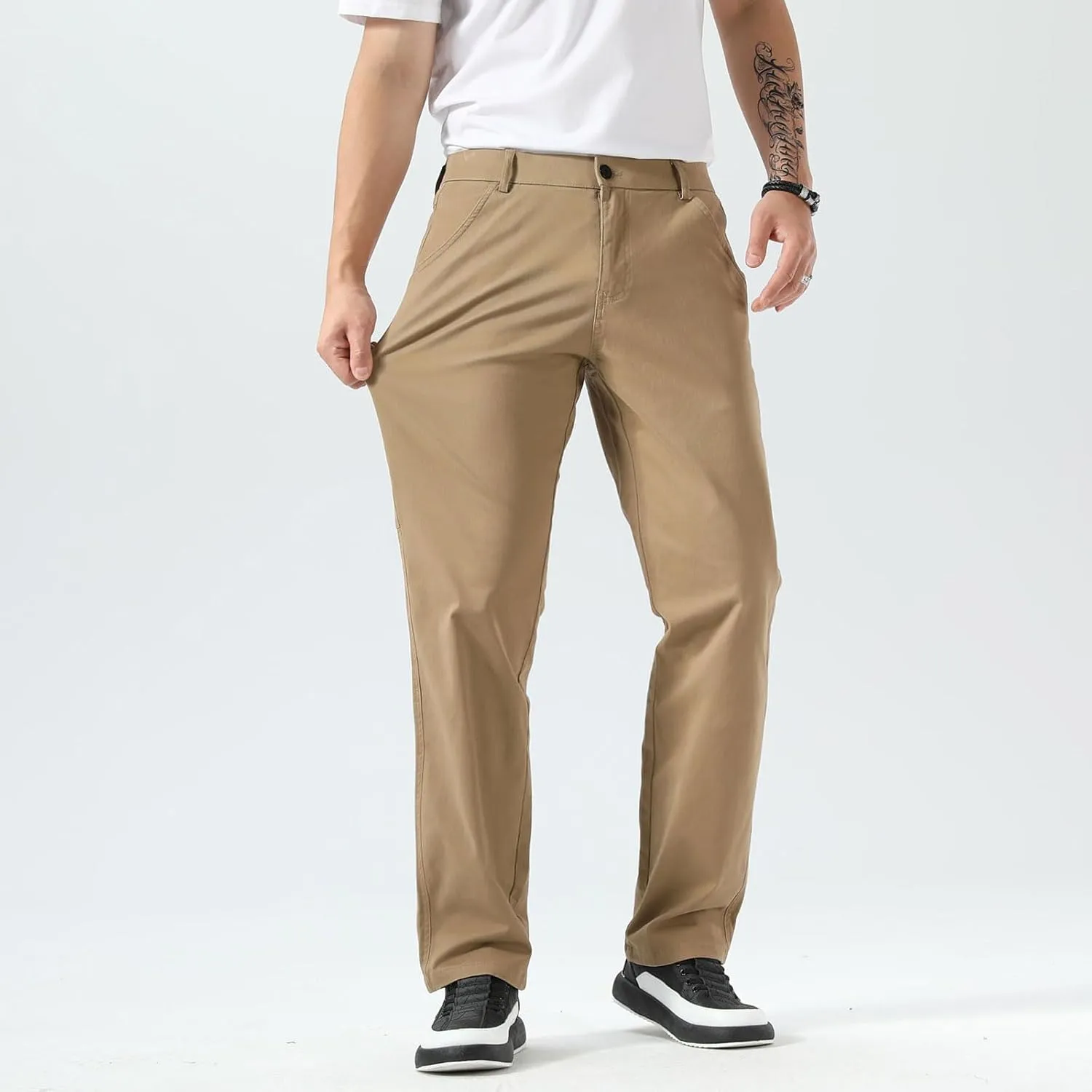 Plaid&Plain Men's Khaki Pants Stretchy Straight Fit with Side Pocket and Elastic Waistband
