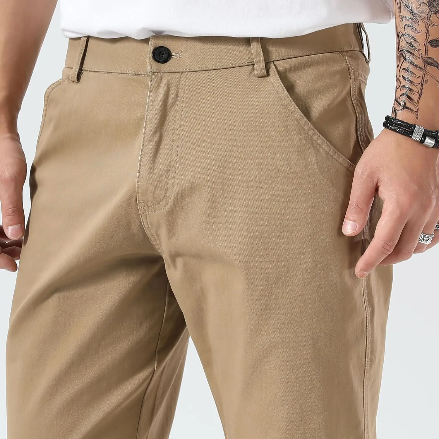 Plaid&Plain Men's Khaki Pants Stretchy Straight Fit with Side Pocket and Elastic Waistband