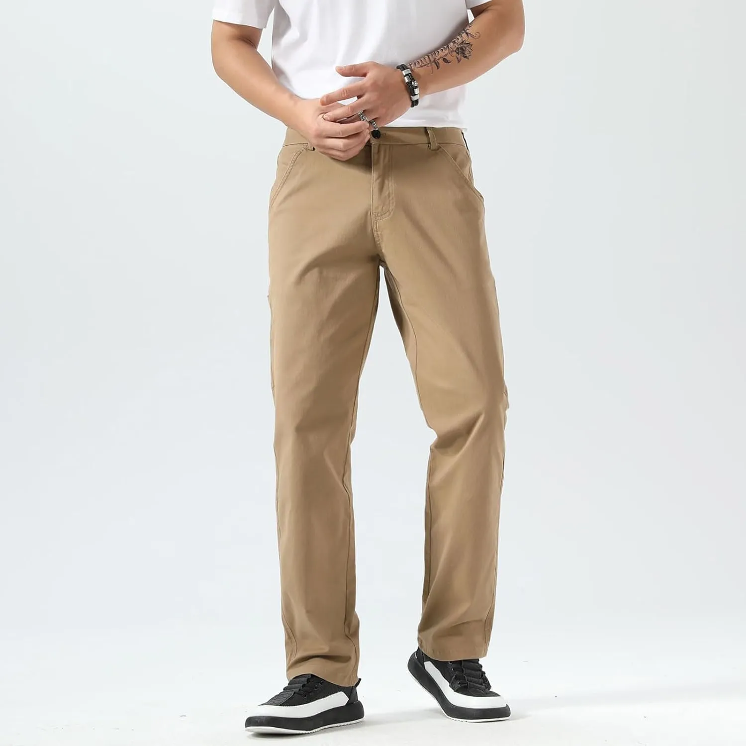 Plaid&Plain Men's Khaki Pants Stretchy Straight Fit with Side Pocket and Elastic Waistband