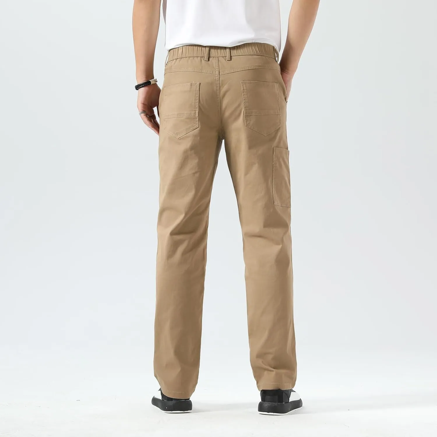 Plaid&Plain Men's Khaki Pants Stretchy Straight Fit with Side Pocket and Elastic Waistband