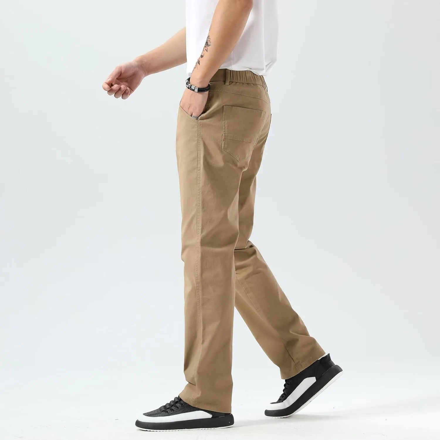 Plaid&Plain Men's Khaki Pants Stretchy Straight Fit with Side Pocket and Elastic Waistband