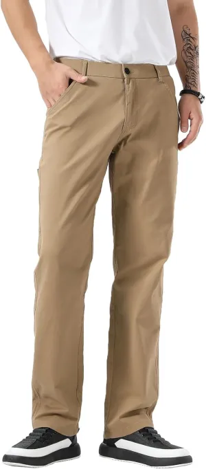Plaid&Plain Men's Khaki Pants Stretchy Straight Fit with Side Pocket and Elastic Waistband