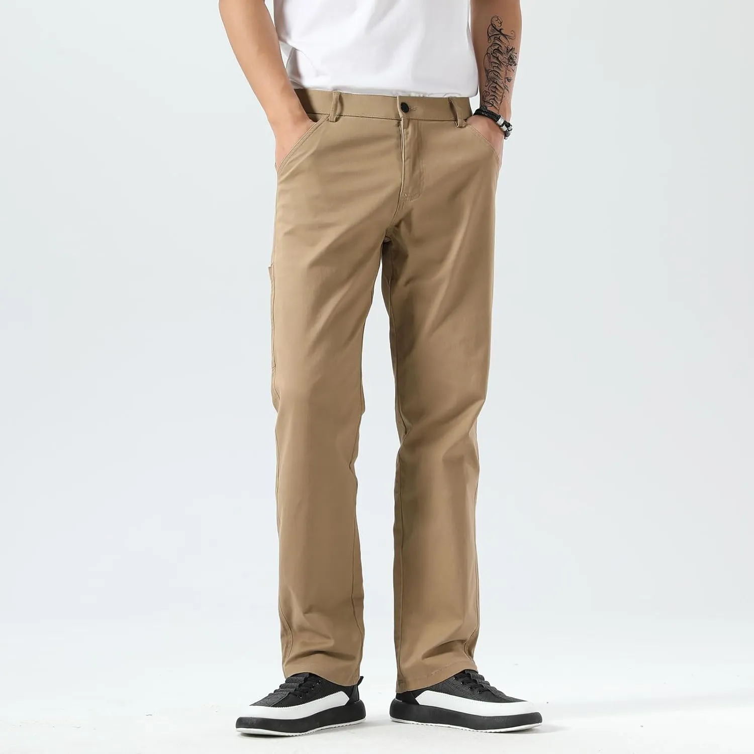 Plaid&Plain Men's Khaki Pants Stretchy Straight Fit with Side Pocket and Elastic Waistband