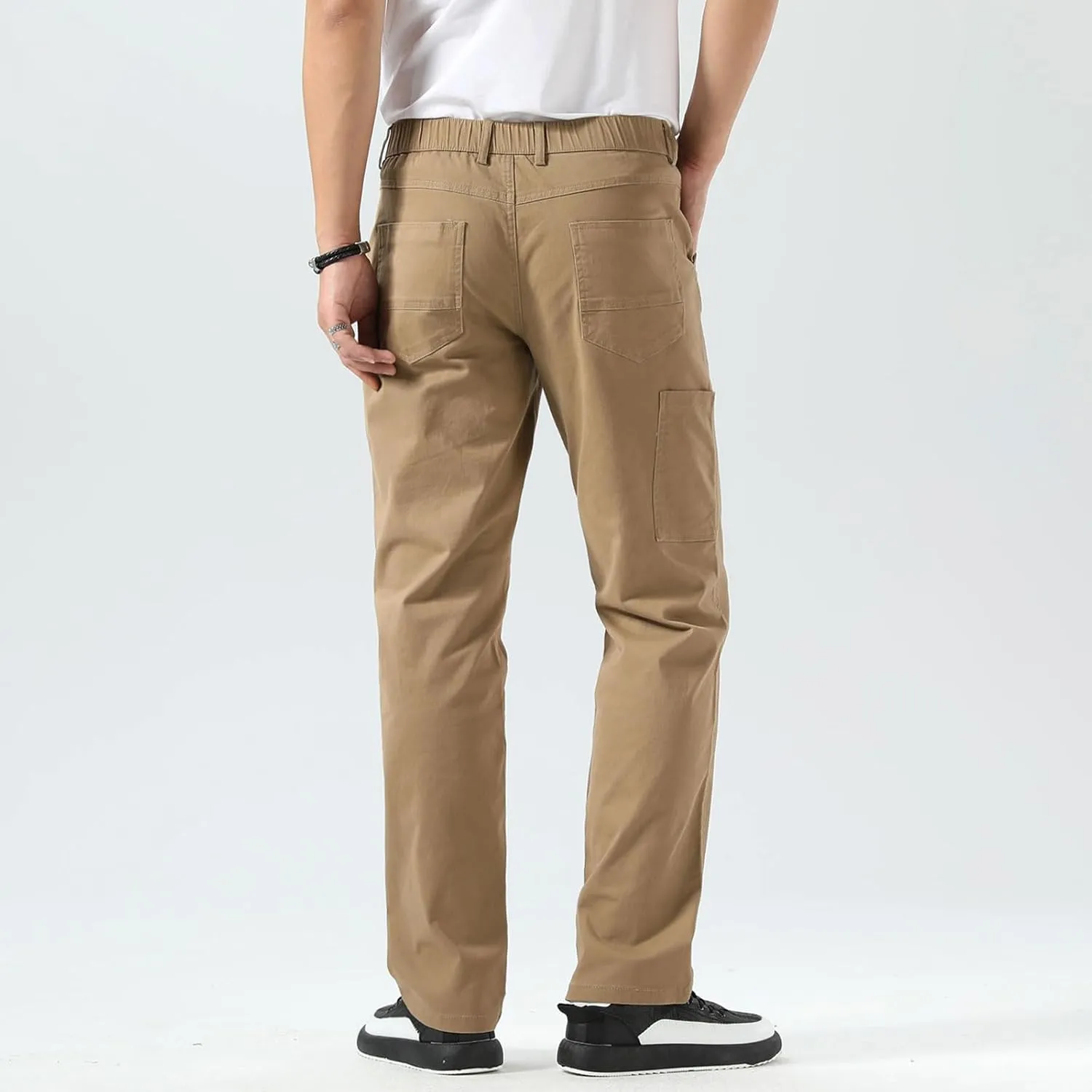 Plaid&Plain Men's Khaki Pants Stretchy Straight Fit with Side Pocket and Elastic Waistband