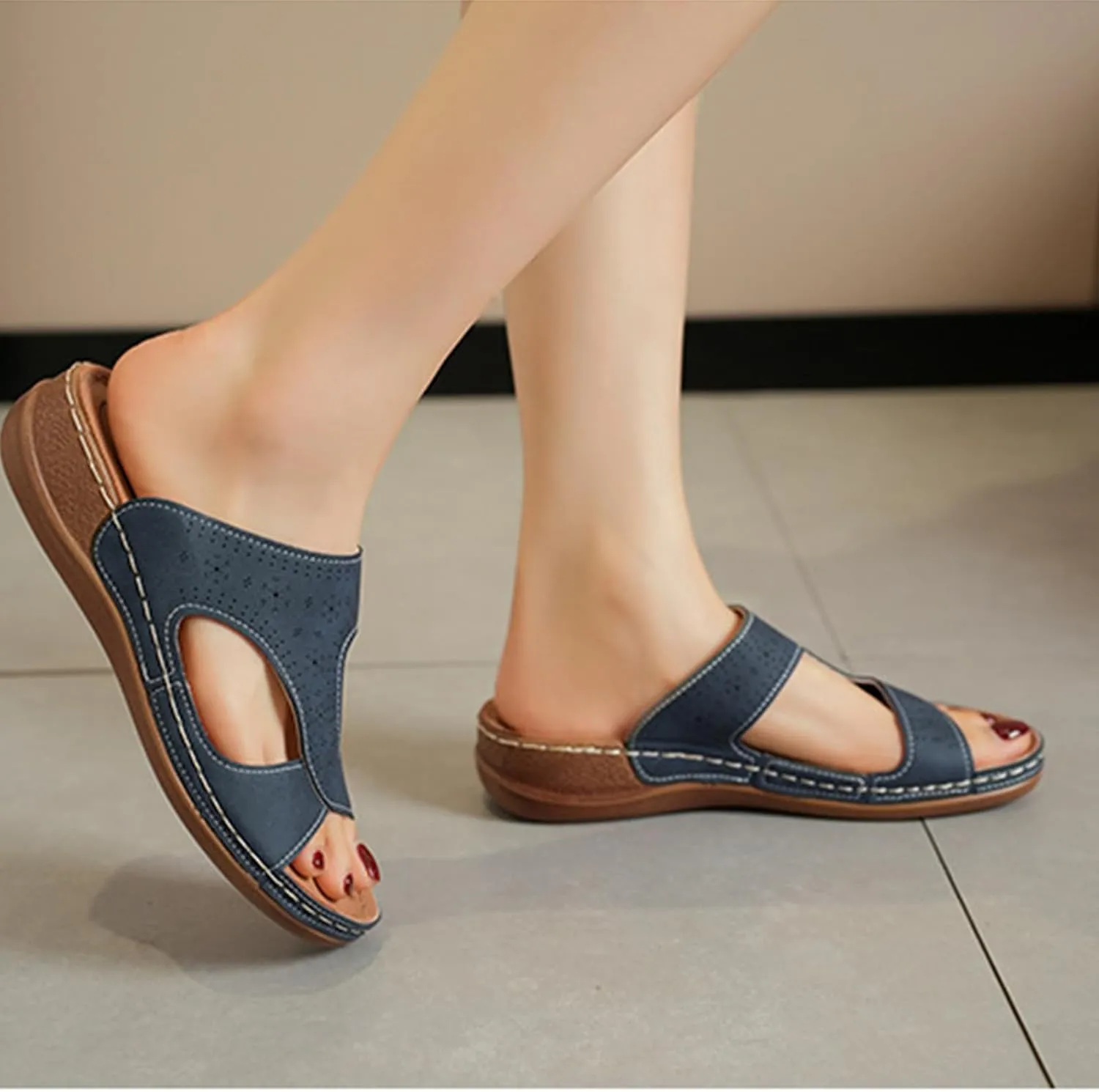 Platform Sandals Women Summer Orthopedic Arch Support Flat Slip on Wide Width Damping Sole Upgradation Lightweight Wedge Slippers Heels Diabetic Walking Shoes Dressy Leather Flip Flops