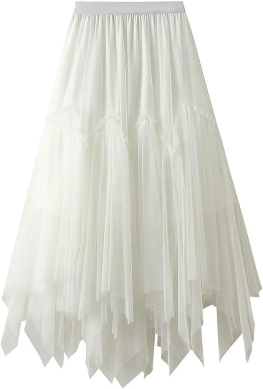 Pleated Skirts for Women Tulle Skirt Formal High Low Asymmetrical A-Line Fairy Elastic Waist Layered Long Midi Skirts