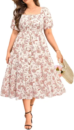 Plus Size Summer Dresses - Boho Casual Wedding Guest Midi Flowy Short Sleeves Smocked Button Down Dress for Curvy Women
