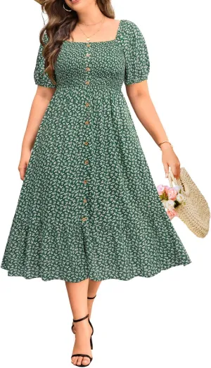 Plus Size Summer Dresses - Boho Casual Wedding Guest Midi Flowy Short Sleeves Smocked Button Down Dress for Curvy Women