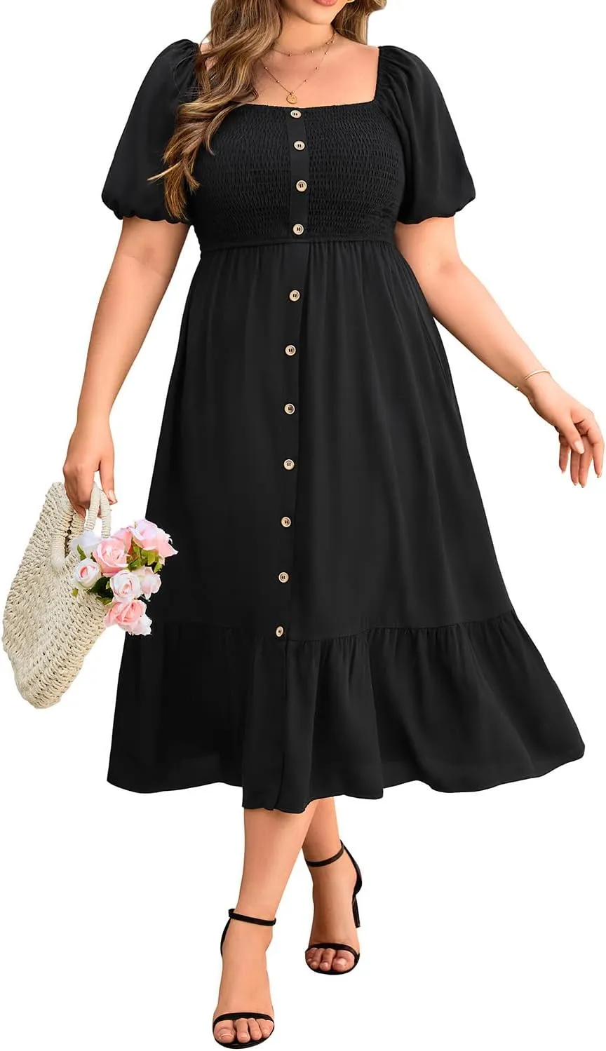 Plus Size Summer Dresses - Boho Casual Wedding Guest Midi Flowy Short Sleeves Smocked Button Down Dress for Curvy Women