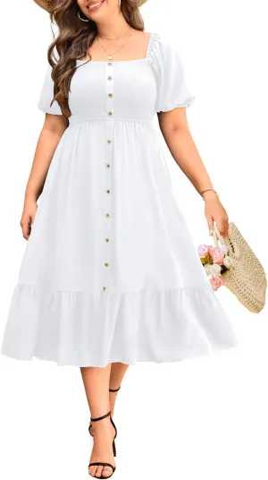 Plus Size Summer Dresses - Boho Casual Wedding Guest Midi Flowy Short Sleeves Smocked Button Down Dress for Curvy Women