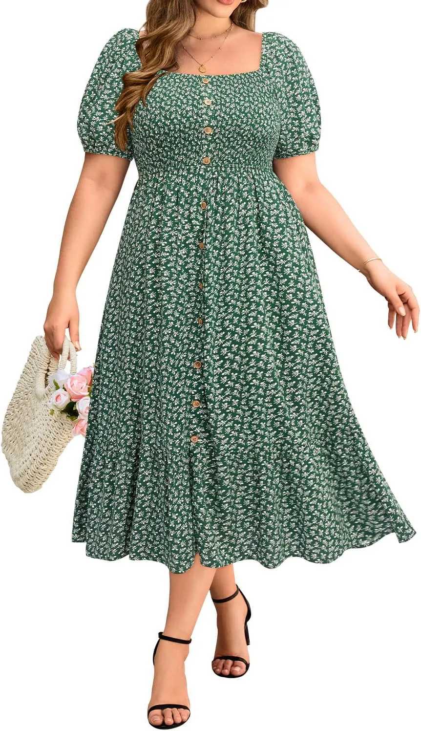Plus Size Summer Dresses - Boho Casual Wedding Guest Midi Flowy Short Sleeves Smocked Button Down Dress for Curvy Women