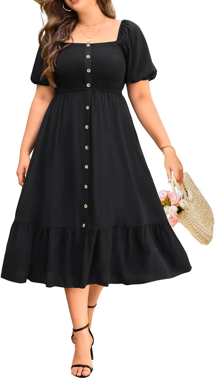 Plus Size Summer Dresses - Boho Casual Wedding Guest Midi Flowy Short Sleeves Smocked Button Down Dress for Curvy Women