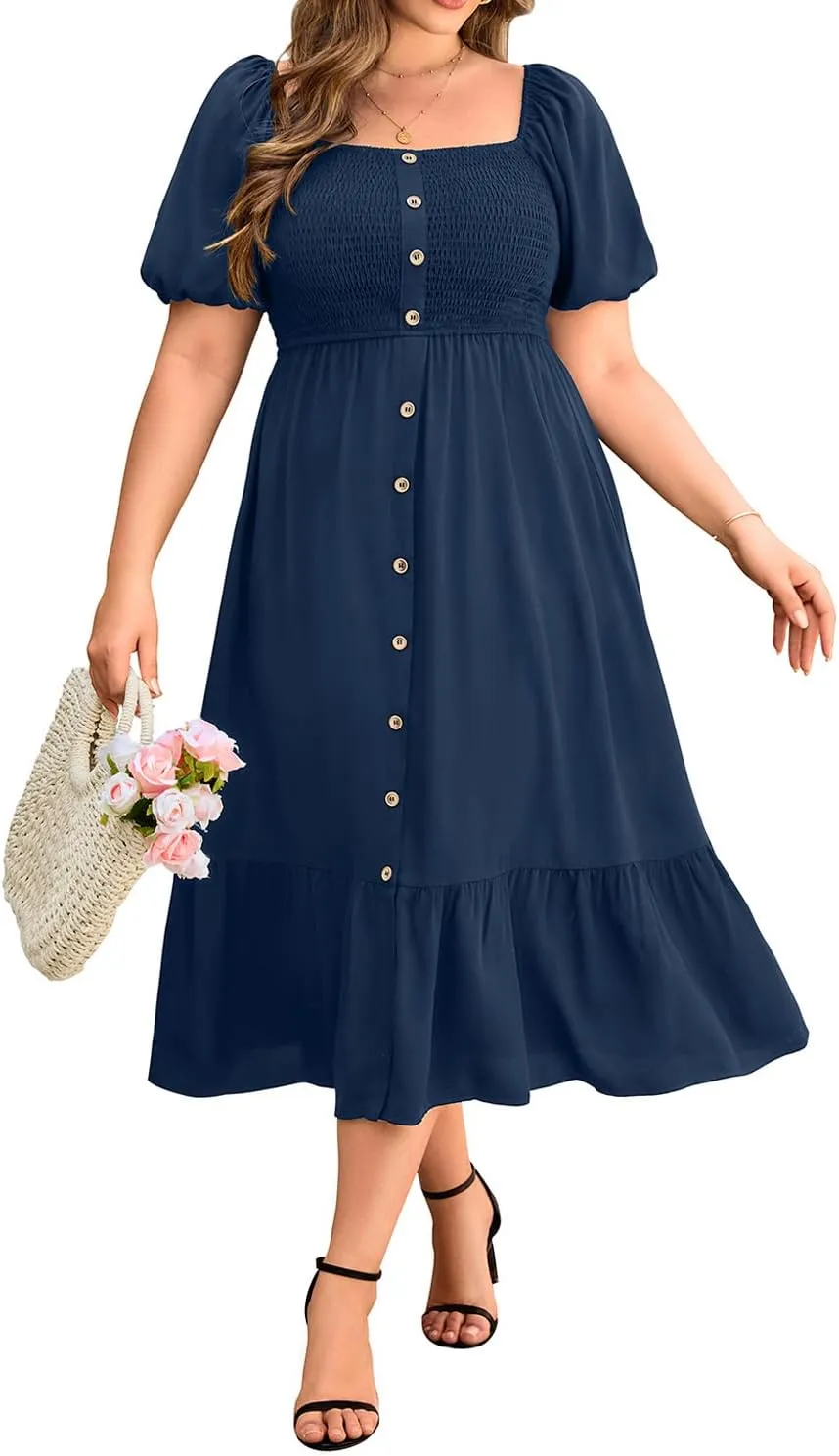 Plus Size Summer Dresses - Boho Casual Wedding Guest Midi Flowy Short Sleeves Smocked Button Down Dress for Curvy Women
