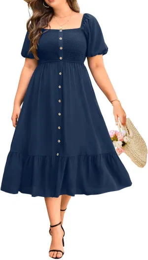 Plus Size Summer Dresses - Boho Casual Wedding Guest Midi Flowy Short Sleeves Smocked Button Down Dress for Curvy Women