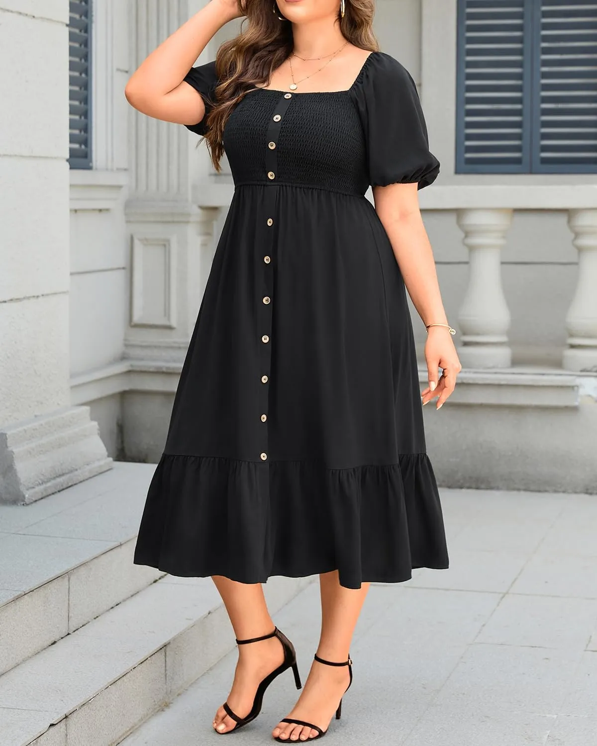 Plus Size Summer Dresses - Boho Casual Wedding Guest Midi Flowy Short Sleeves Smocked Button Down Dress for Curvy Women