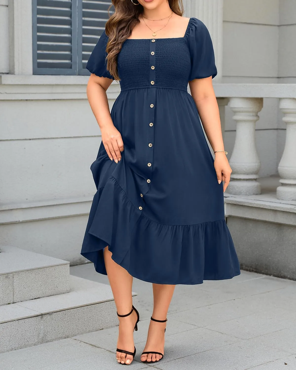 Plus Size Summer Dresses - Boho Casual Wedding Guest Midi Flowy Short Sleeves Smocked Button Down Dress for Curvy Women