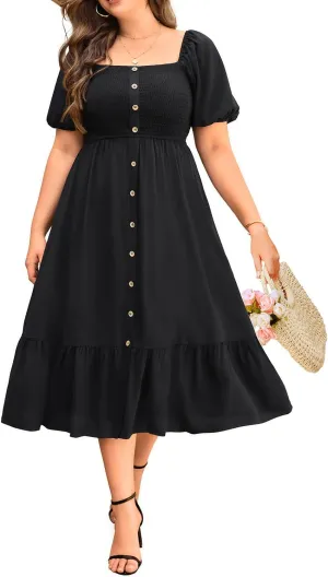 Plus Size Summer Dresses - Boho Casual Wedding Guest Midi Flowy Short Sleeves Smocked Button Down Dress for Curvy Women