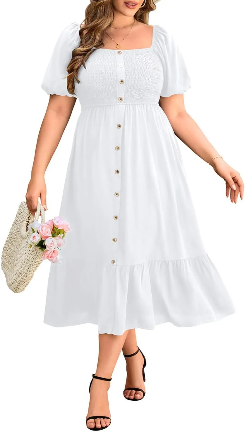 Plus Size Summer Dresses - Boho Casual Wedding Guest Midi Flowy Short Sleeves Smocked Button Down Dress for Curvy Women
