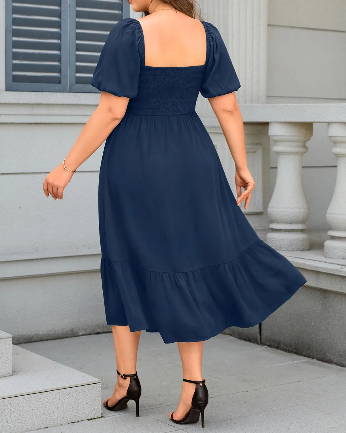 Plus Size Summer Dresses - Boho Casual Wedding Guest Midi Flowy Short Sleeves Smocked Button Down Dress for Curvy Women
