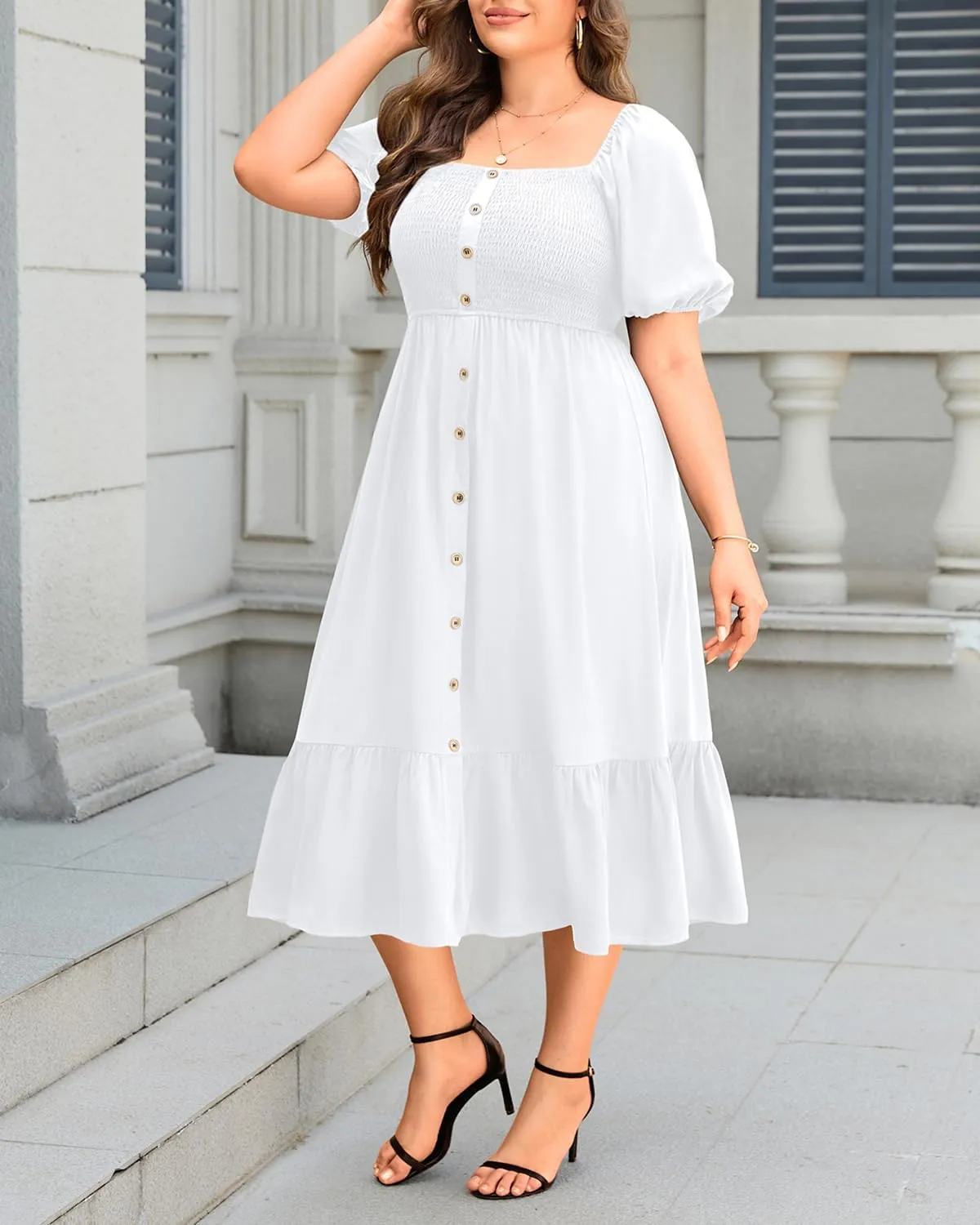 Plus Size Summer Dresses - Boho Casual Wedding Guest Midi Flowy Short Sleeves Smocked Button Down Dress for Curvy Women