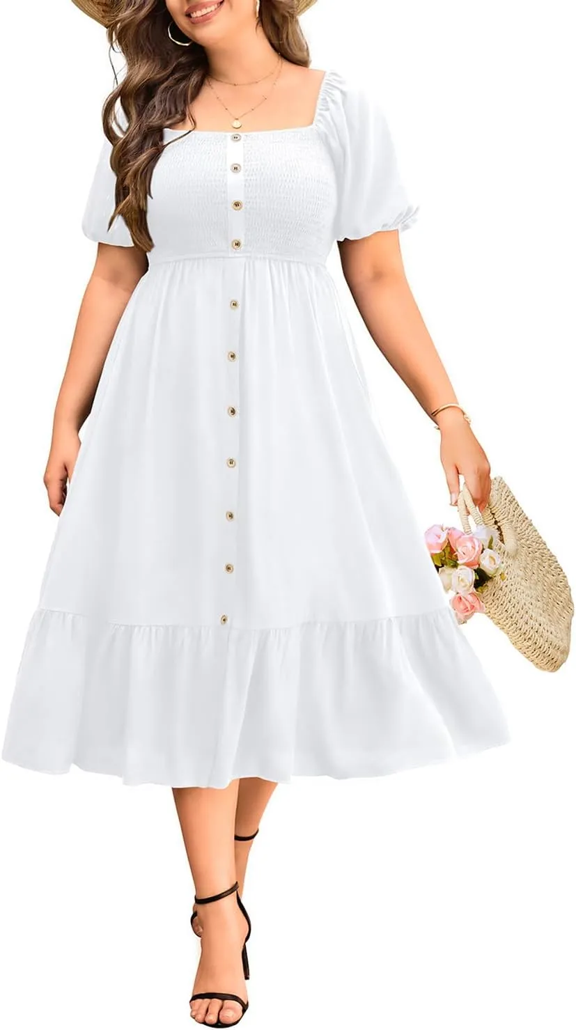 Plus Size Summer Dresses - Boho Casual Wedding Guest Midi Flowy Short Sleeves Smocked Button Down Dress for Curvy Women