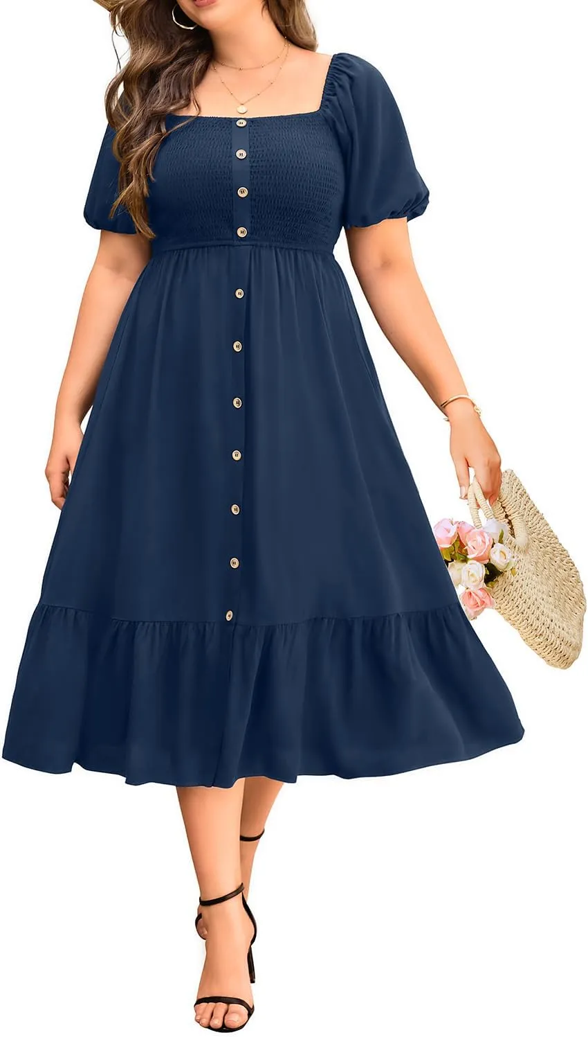 Plus Size Summer Dresses - Boho Casual Wedding Guest Midi Flowy Short Sleeves Smocked Button Down Dress for Curvy Women