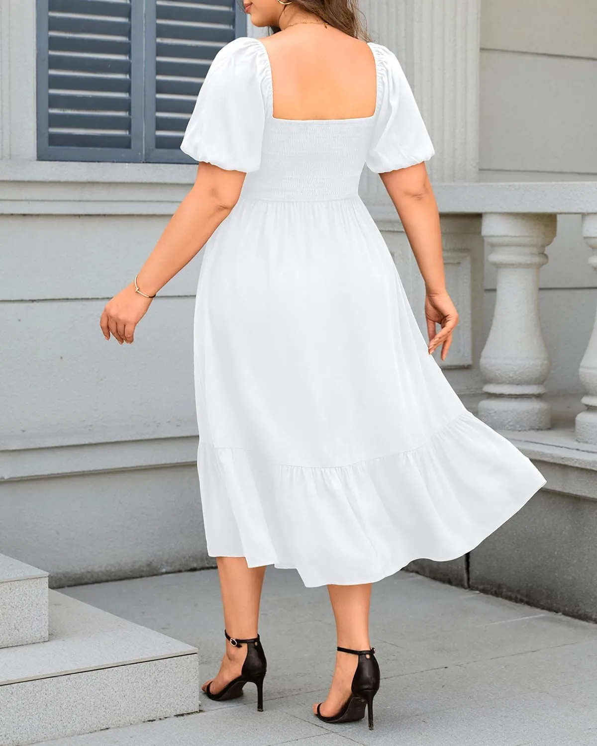 Plus Size Summer Dresses - Boho Casual Wedding Guest Midi Flowy Short Sleeves Smocked Button Down Dress for Curvy Women