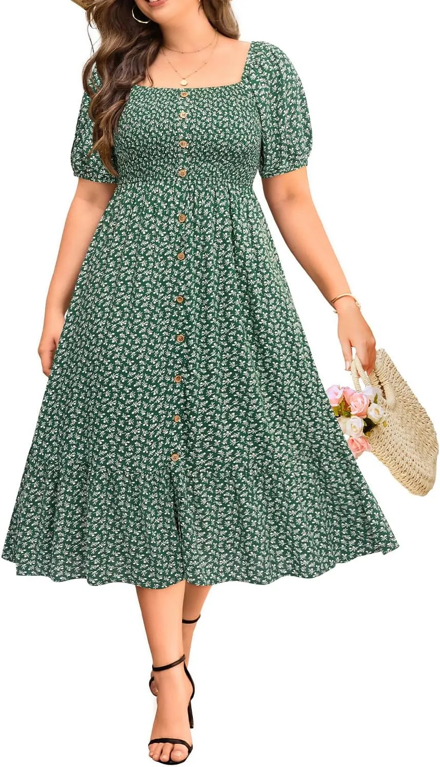 Plus Size Summer Dresses - Boho Casual Wedding Guest Midi Flowy Short Sleeves Smocked Button Down Dress for Curvy Women