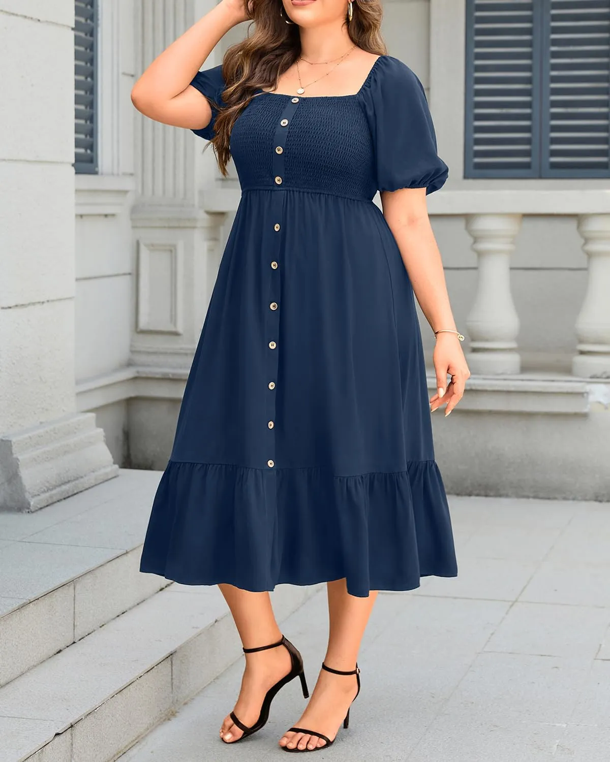 Plus Size Summer Dresses - Boho Casual Wedding Guest Midi Flowy Short Sleeves Smocked Button Down Dress for Curvy Women