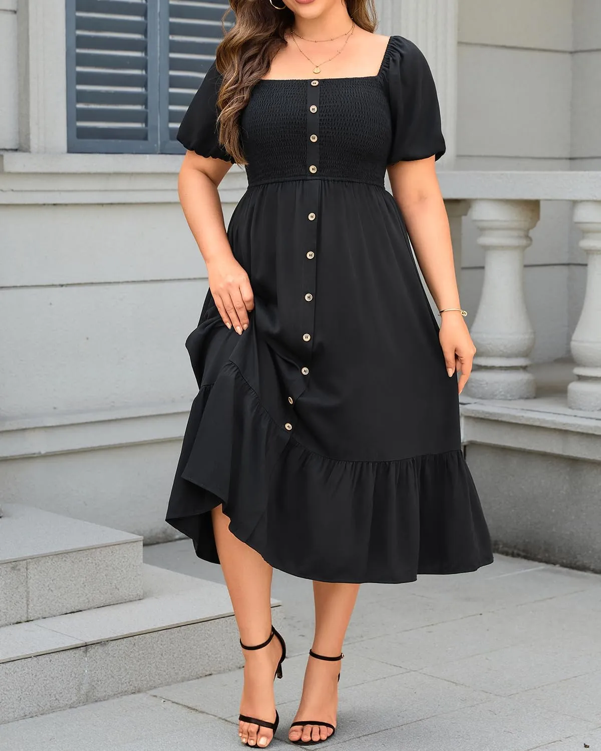 Plus Size Summer Dresses - Boho Casual Wedding Guest Midi Flowy Short Sleeves Smocked Button Down Dress for Curvy Women