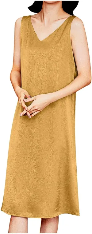 Plus Size Summer Dresses for Women Long Satin Casual Work Tank Dress Fashion Sleeveless Solid Color Dresses M-4XL