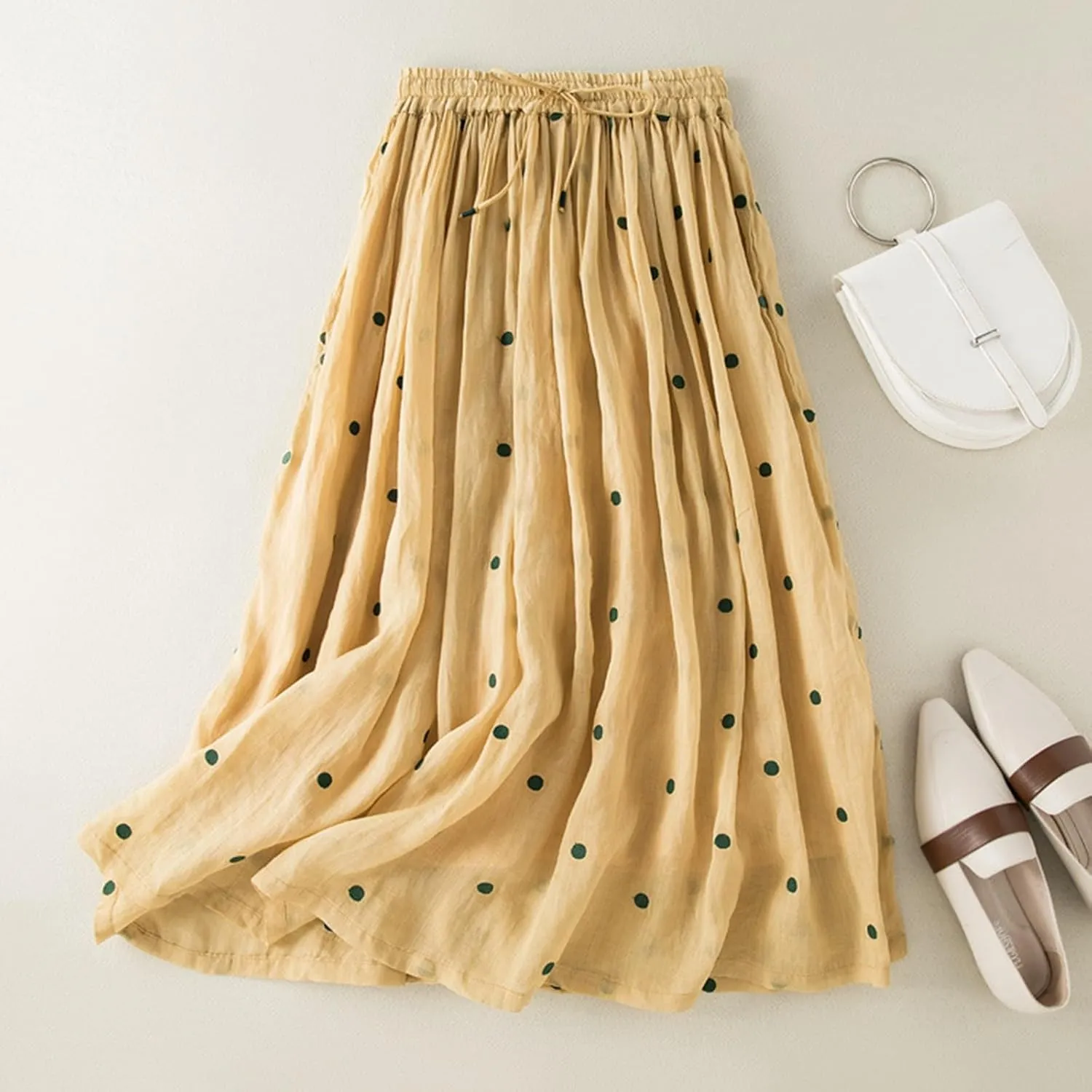 Polka Dot Skirts for Women Midi Length Casual Drawstring Elastic Waisted Swing A-Line Pleated Skirt