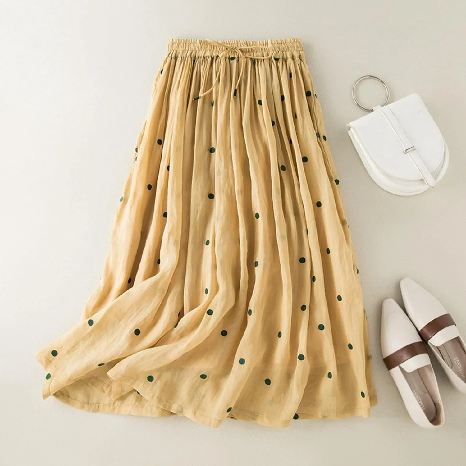 Polka Dot Skirts for Women Midi Length Casual Drawstring Elastic Waisted Swing A-Line Pleated Skirt