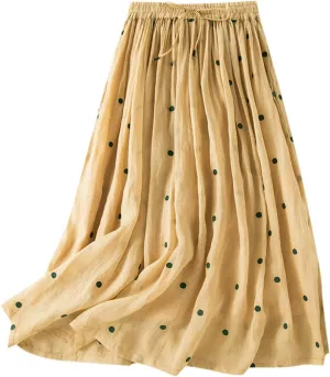 Polka Dot Skirts for Women Midi Length Casual Drawstring Elastic Waisted Swing A-Line Pleated Skirt