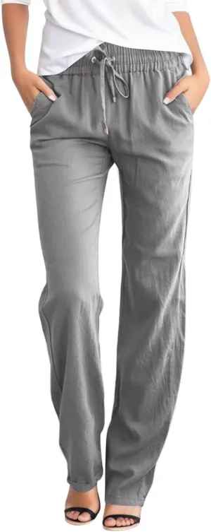 PTOLOCIF Linen Beach Pants Women,Casual Linen High Waist Pants Wide Leg Palazzo Pants Drawstring Loose Fit Summer Pants