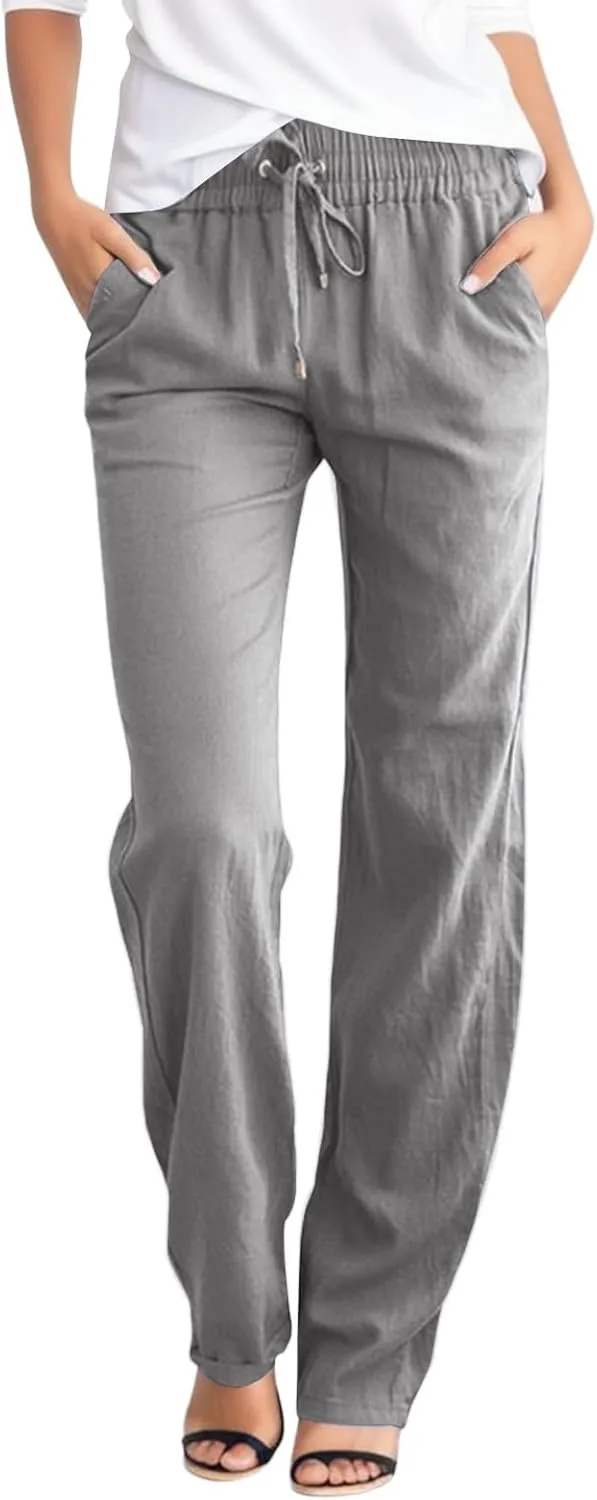 PTOLOCIF Linen Beach Pants Women,Casual Linen High Waist Pants Wide Leg Palazzo Pants Drawstring Loose Fit Summer Pants