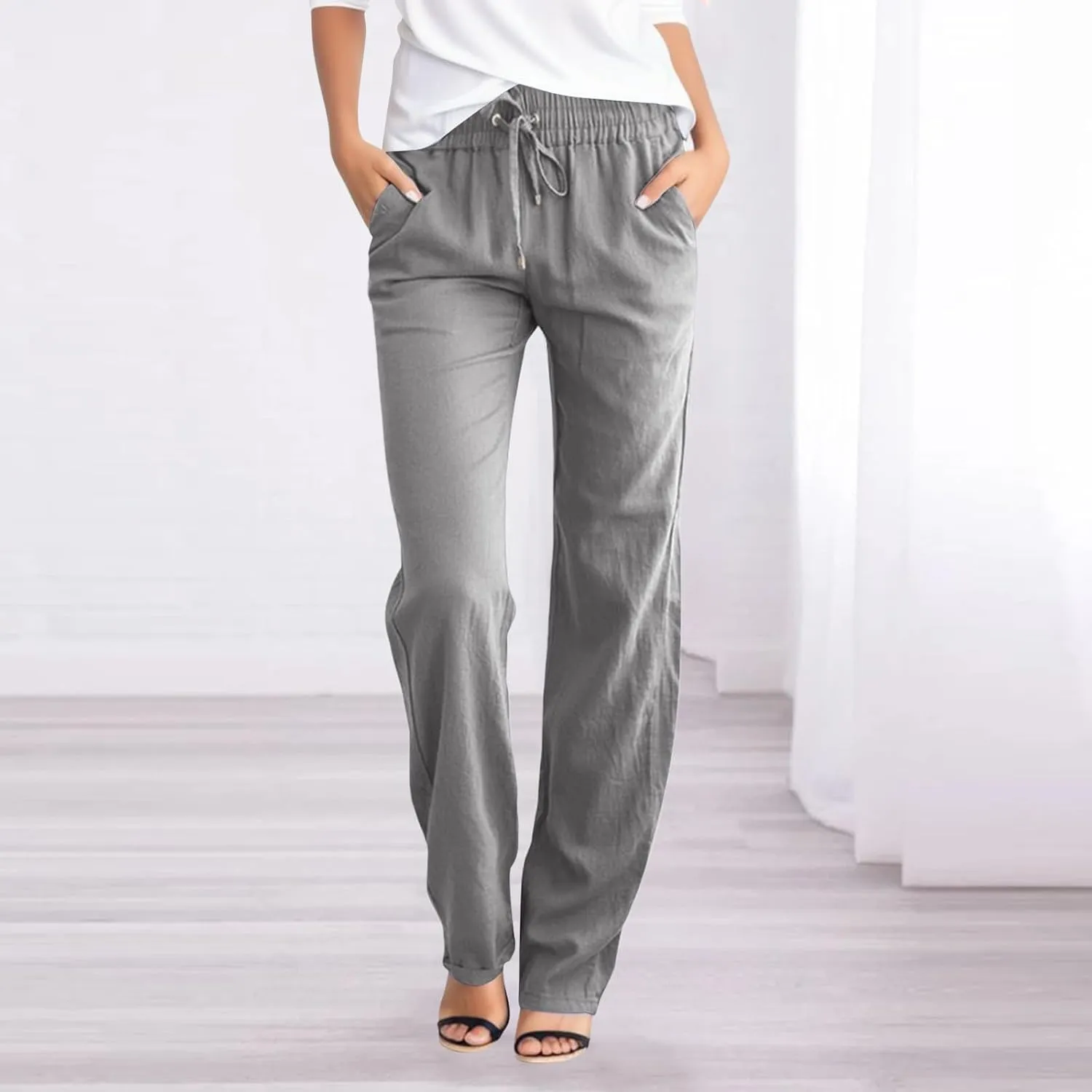 PTOLOCIF Linen Beach Pants Women,Casual Linen High Waist Pants Wide Leg Palazzo Pants Drawstring Loose Fit Summer Pants