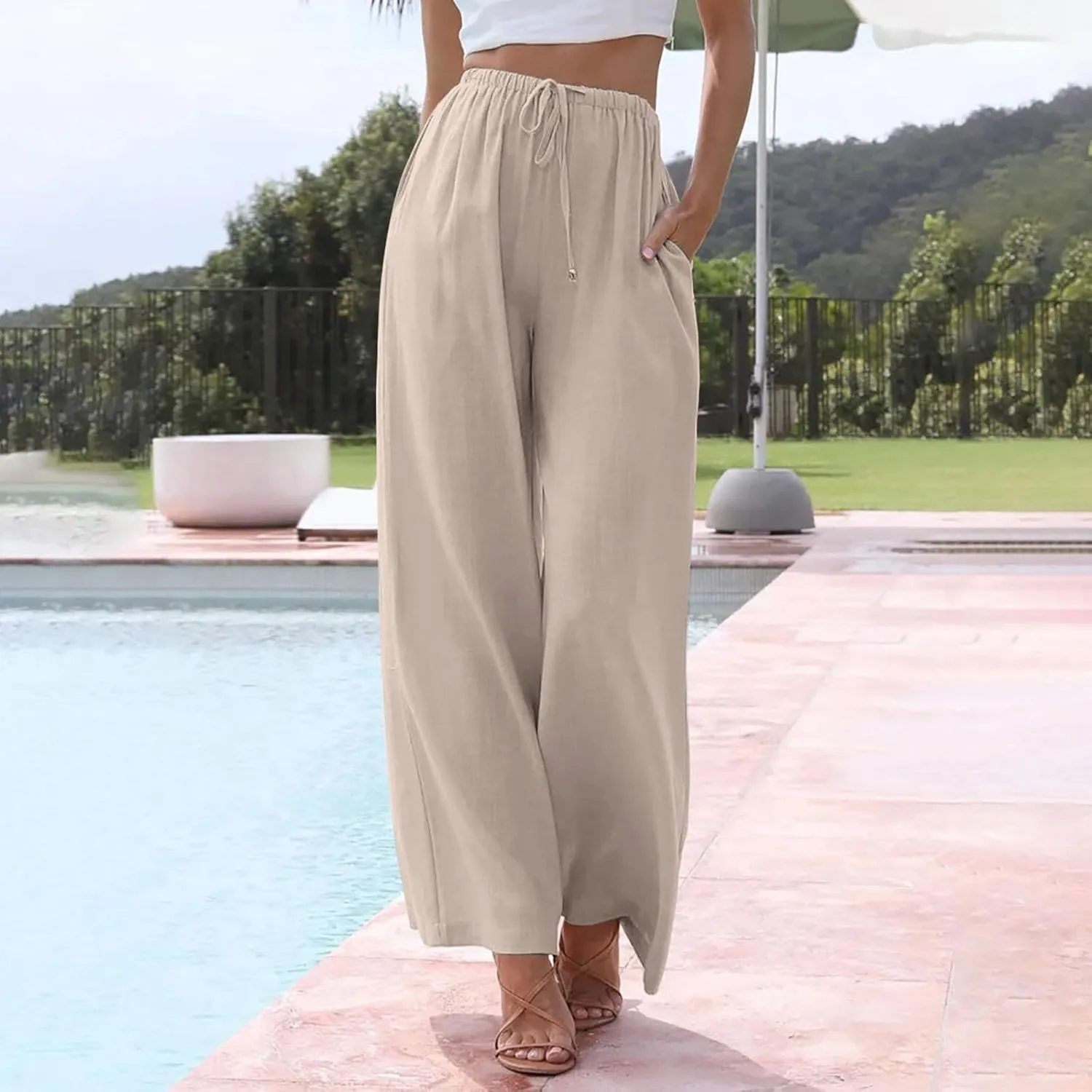 PTOLOCIF Linen Pants Women Summer,Wide Leg Capri Palazzo Pants Cotton Linen Pants Elastic Waist Casual Comfy Lounge Pants