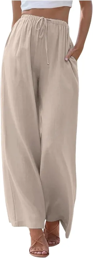 PTOLOCIF Linen Pants Women Summer,Wide Leg Capri Palazzo Pants Cotton Linen Pants Elastic Waist Casual Comfy Lounge Pants
