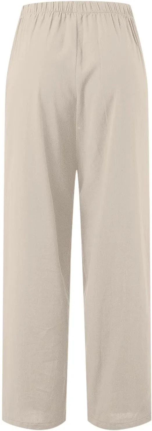 PTOLOCIF Linen Pants Women Summer,Wide Leg Capri Palazzo Pants Cotton Linen Pants Elastic Waist Casual Comfy Lounge Pants