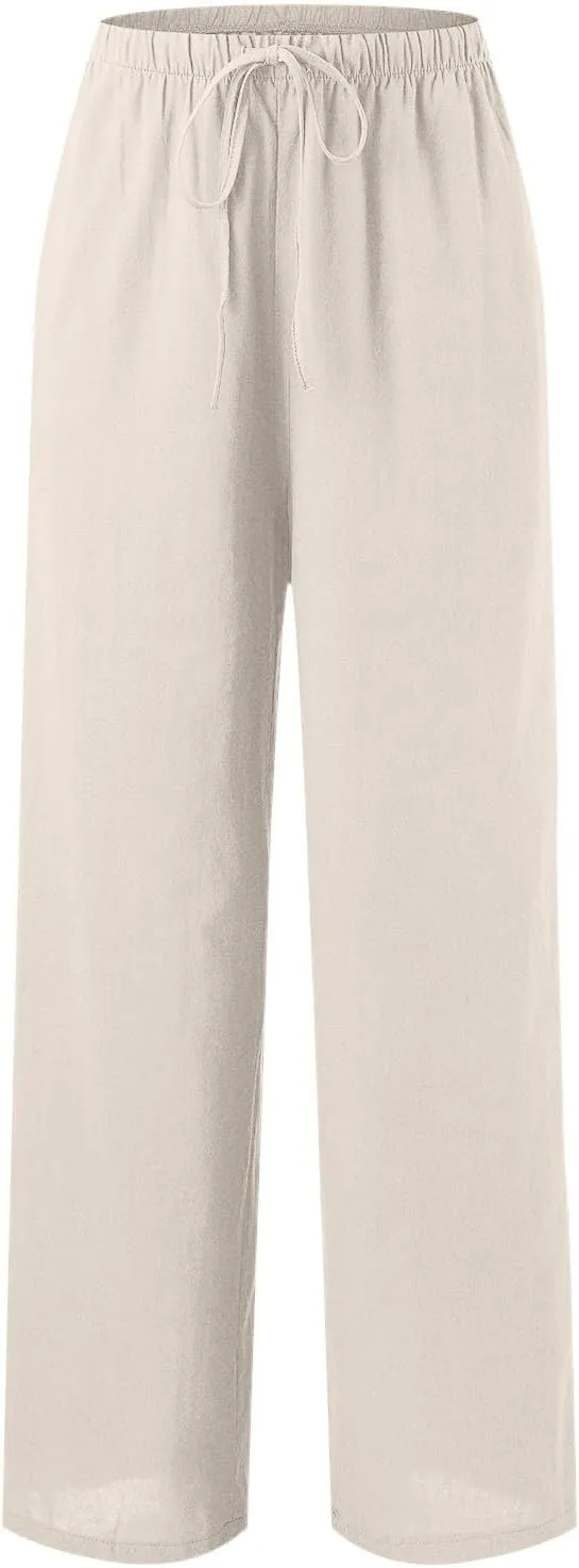PTOLOCIF Linen Pants Women Summer,Wide Leg Capri Palazzo Pants Cotton Linen Pants Elastic Waist Casual Comfy Lounge Pants