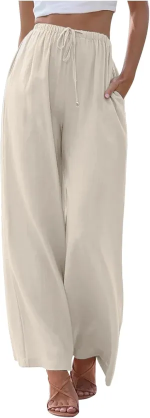 PTOLOCIF Linen Pants Women Summer,Wide Leg Capri Palazzo Pants Cotton Linen Pants Elastic Waist Casual Comfy Lounge Pants