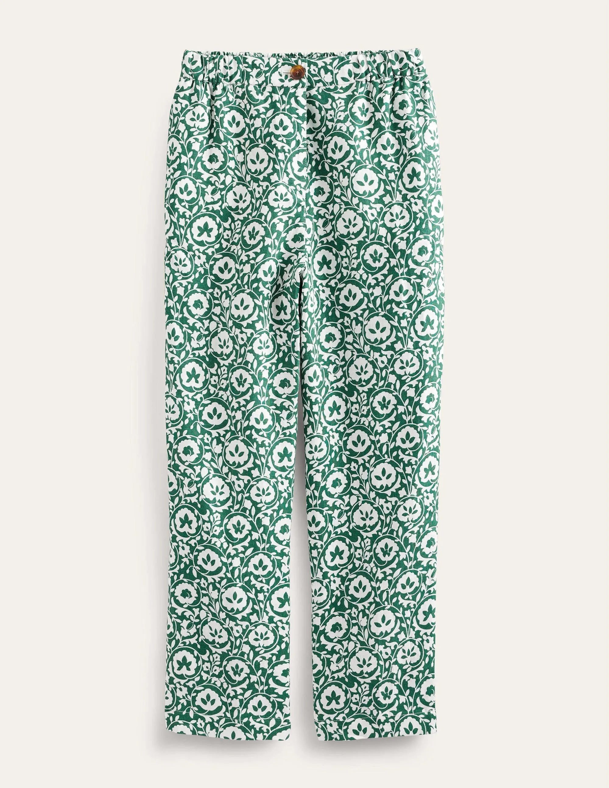 Pull-on Linen Trousers-Green, Enchanting Bloom