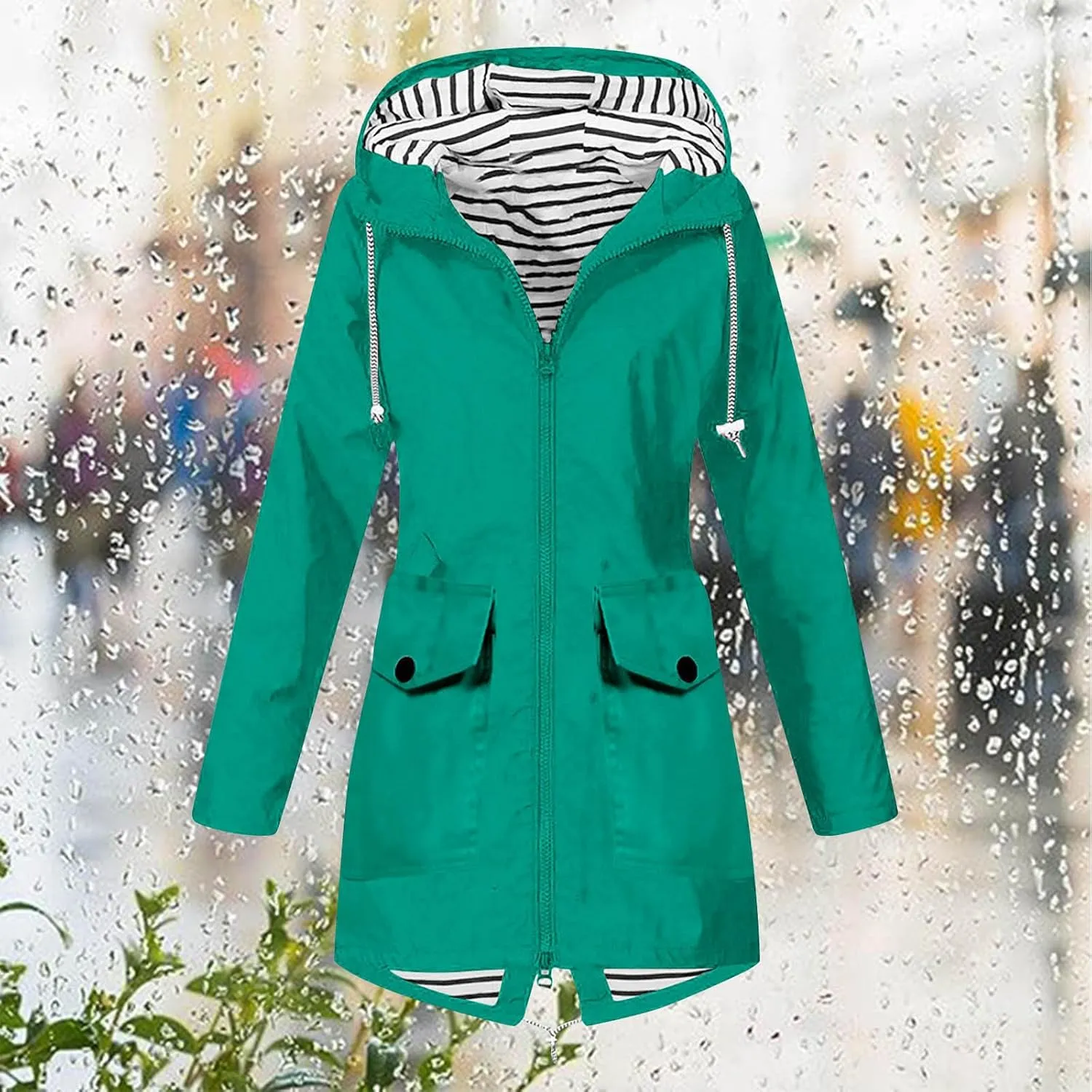 Rain Coats for Women Waterproof Hiking Rain Jacket Lightweight Long Sleeve Striped Hooded Trench Coat 2024, Black