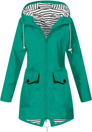 Rain Coats for Women Waterproof Hiking Rain Jacket Lightweight Long Sleeve Striped Hooded Trench Coat 2024, Black